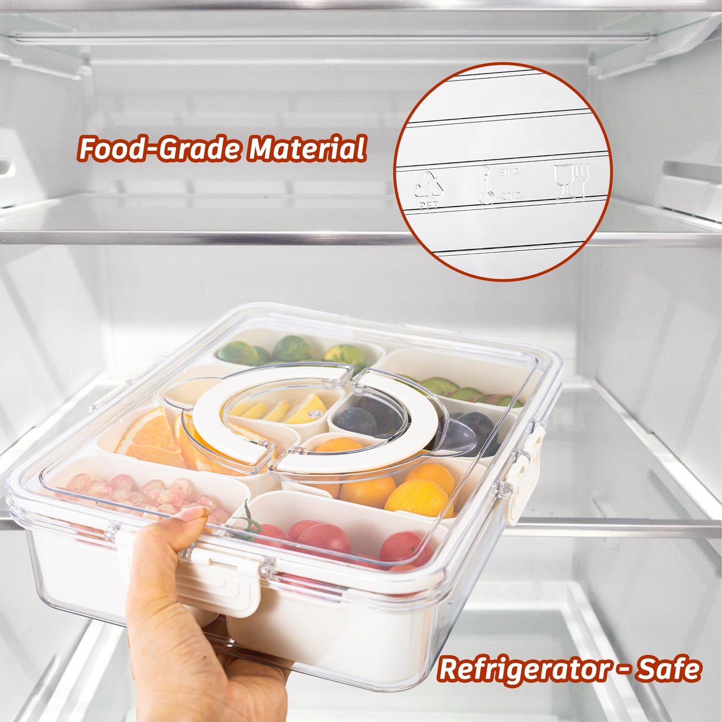 Dingerjar Divided Serving Tray with Lid and Handle - Snackle Box Charcuterie Container for Portable Snack Platters - Clear Organizer for Candy, Fruits, Nuts, Snacks - Perfect for Party, Entertaining