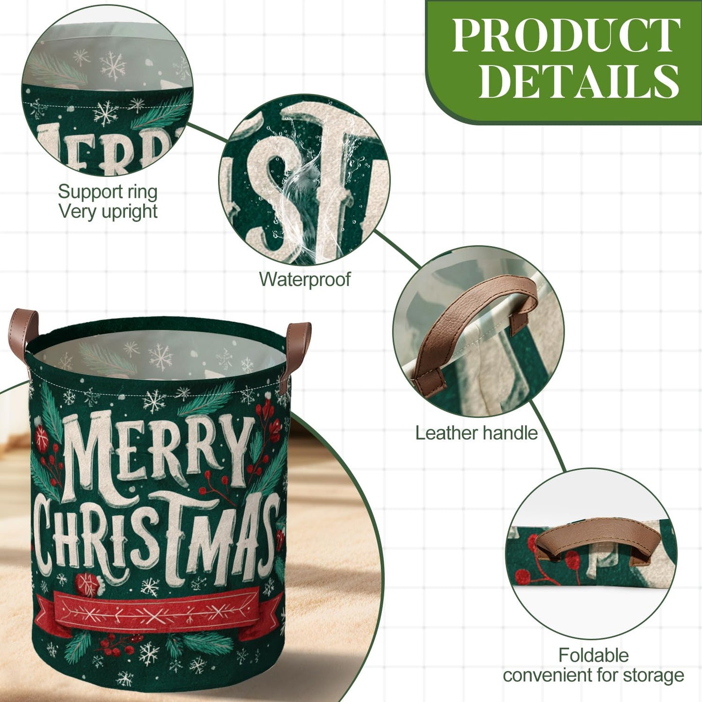 Vintage Merry Christmas Art Laundry Hamper, 15.75x19.7" Large Canvas Clothes Basket with Leather Handles, Retro Dark Green Holiday Storage Bin for Bedroom Bathroom Playroom