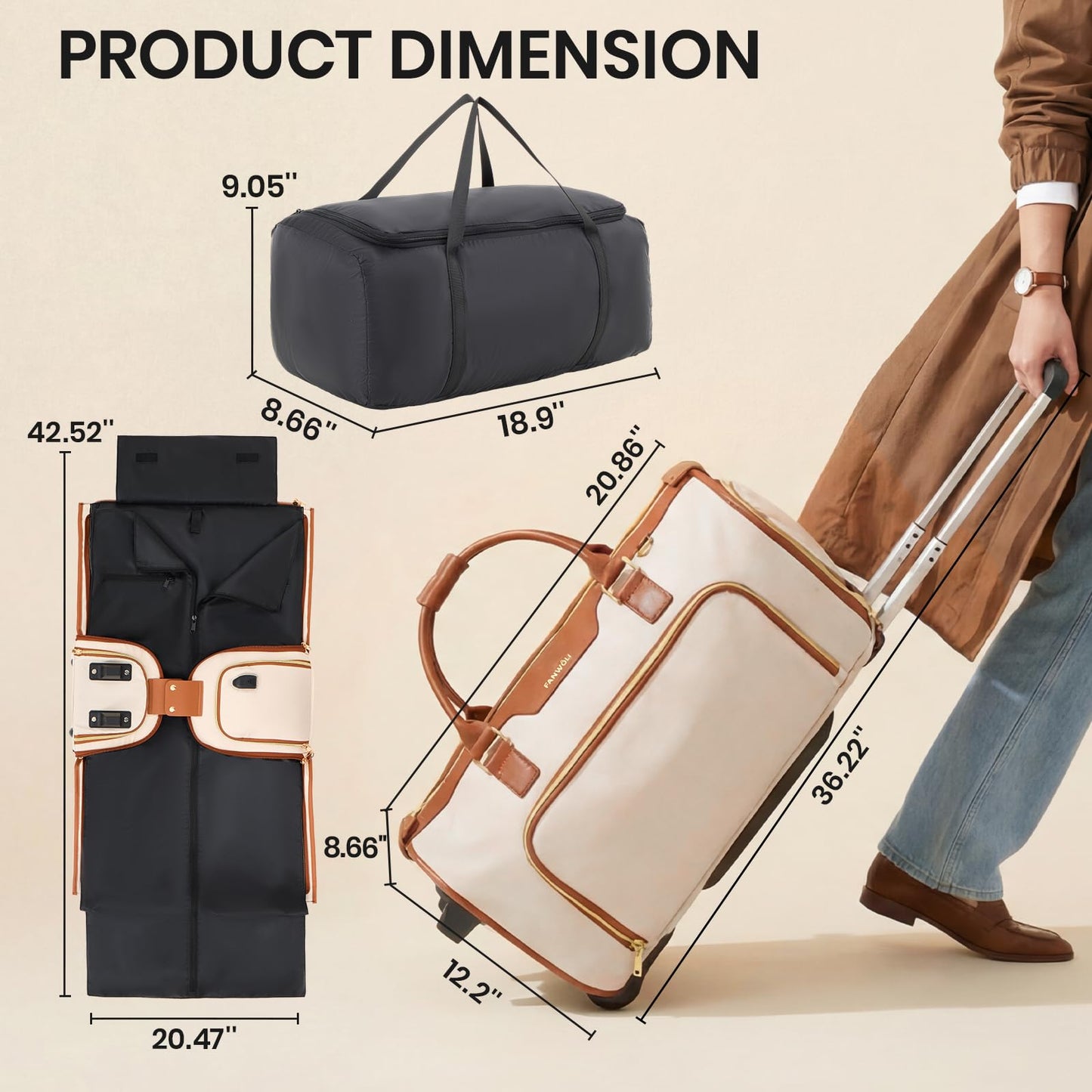Fanwoli Carry-On Rolling Garment Bag for Travel, 3-in-1 Wheeled Luggage with Shoe Storage & Detachable Organizer, Convertible Duffel Bag for Men Women Business Trips Weekender, Wrinkle-Free (Brown)