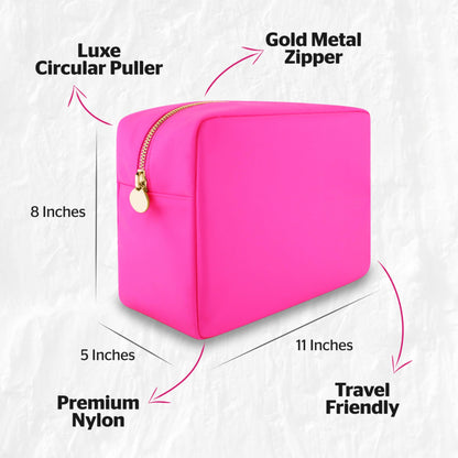 DANCOUR Large Pink Makeup Bag – Nylon Cosmetic Pouch, Travel Makeup Organizer Case, Spacious Makeup Bag for Toiletries, Beauty Essentials & Cosmetics