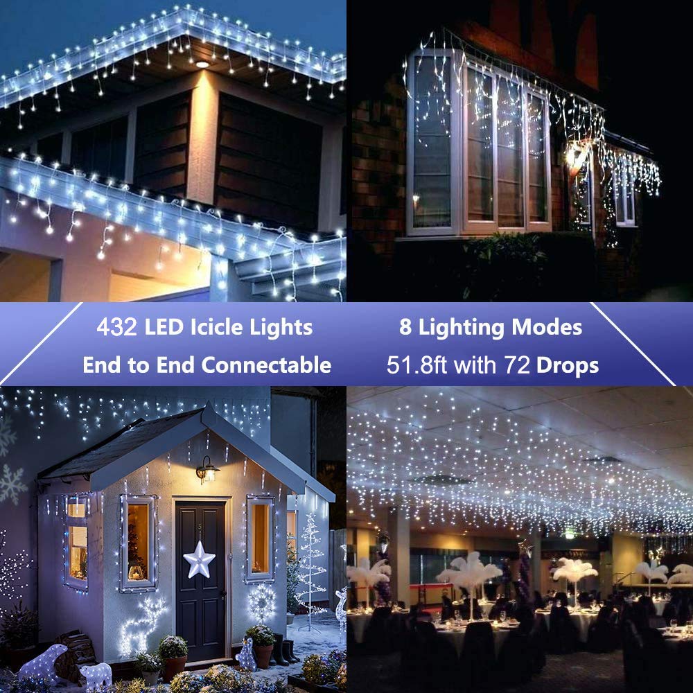 LYHOPE Icicle Christmas Lights, 432 LED 35.4ft 8 Modes Icicle String Lights with 72 Drops, Window Curtain Fairy Lights for Xmas, Eaves, Wedding, Garden, Outdoor, Indoor Decor (Clear White)
