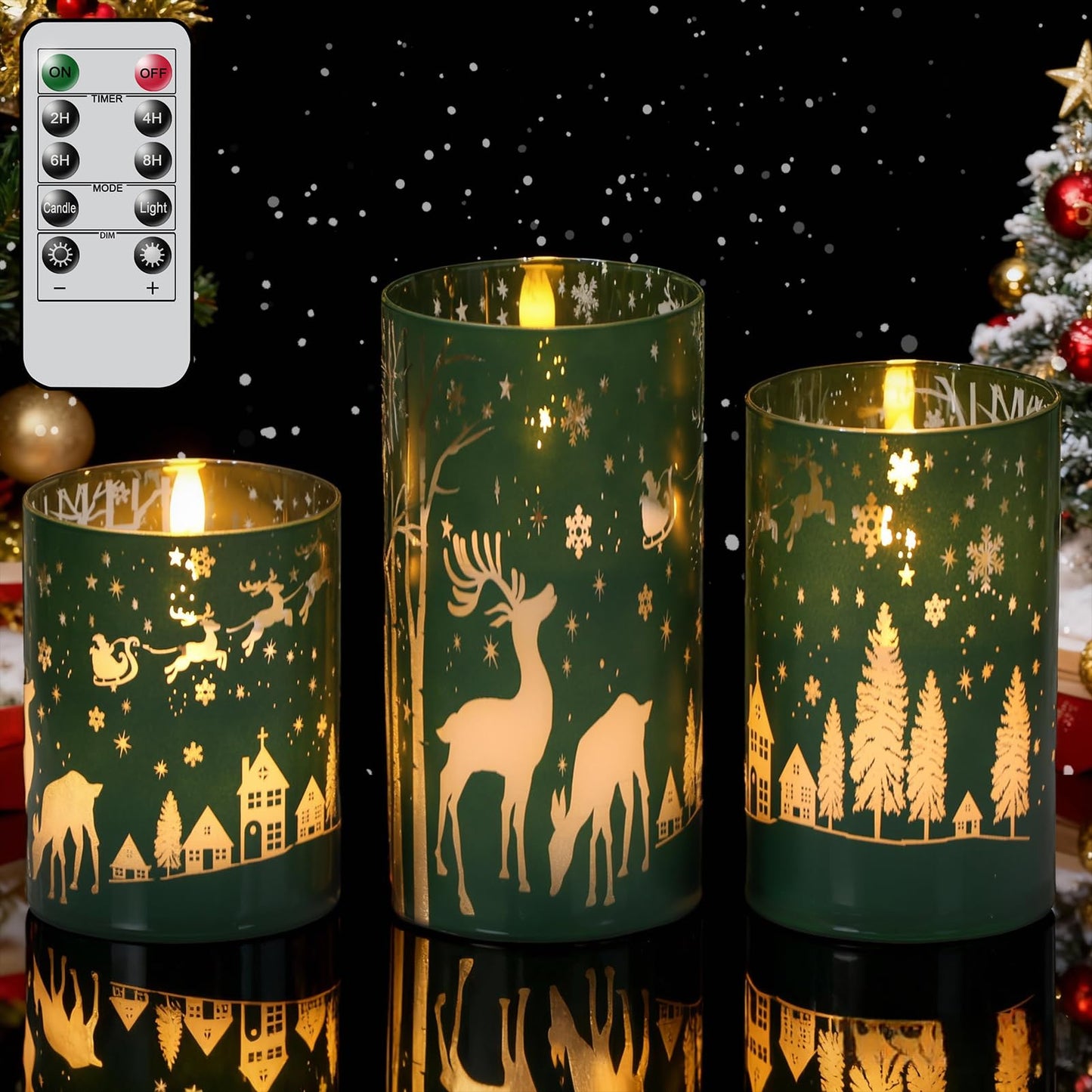Wondise Christmas Reindeer LED Flameless Candles with Remote Timer, Electroplate Glass Battery Operated Real Wax Flickering 3D Wick Pillar Candles for Christmas Holiday Home Decoration