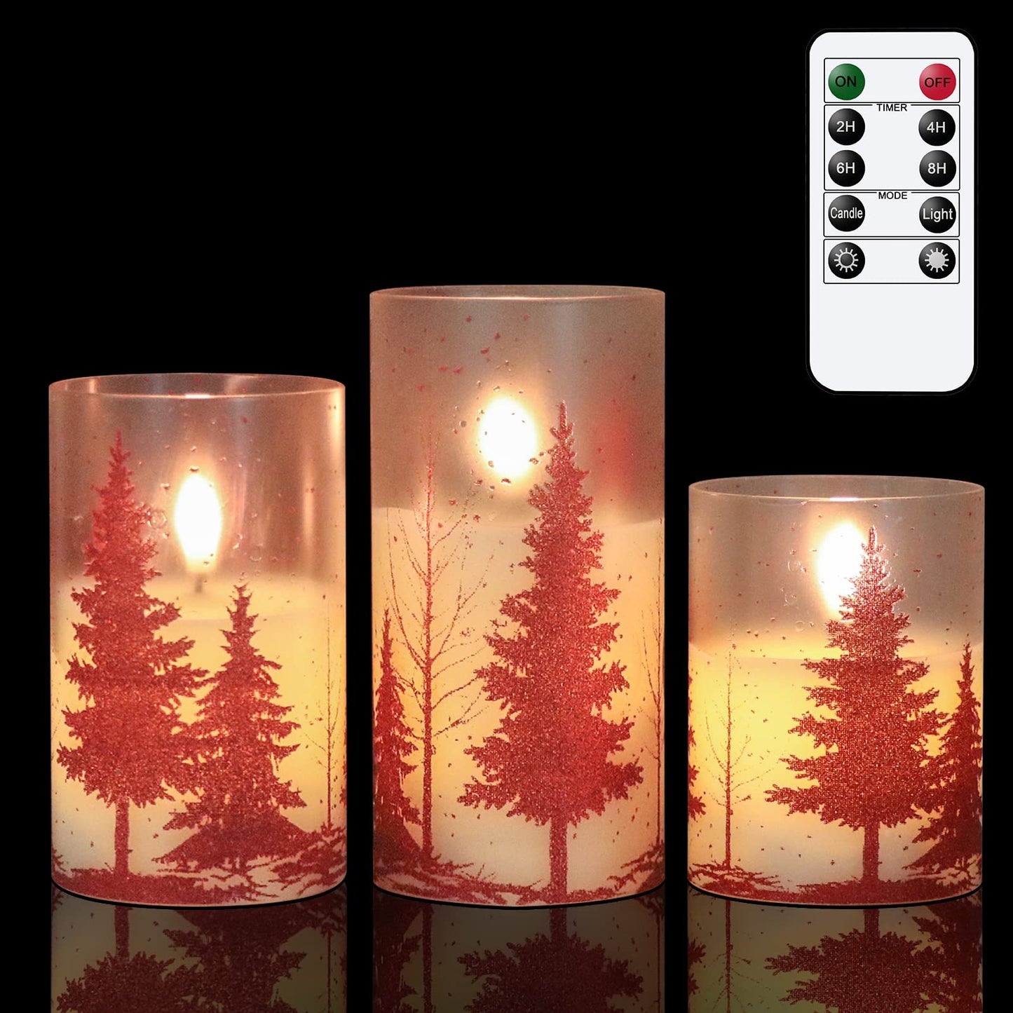 Wondise Glass Flameless Candles with Remote and Timer, Battery Operated Pine Tree Decals Pillar Candles for Home Decoration, Set of 3(D3 x H4/5/6 Inch)