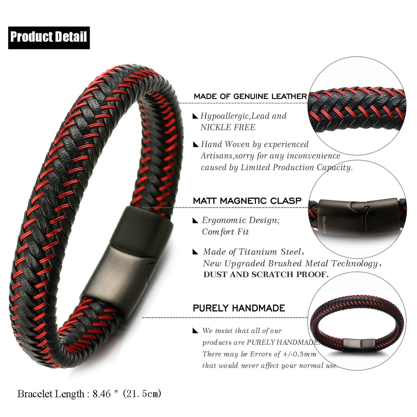 Halukakah ● Jazz ● Men's Genuine Black Leather Bracelet Black Titanium Magnetic Clasp 8.5" Free Giftbox (Maserati Red 8.5 inches)