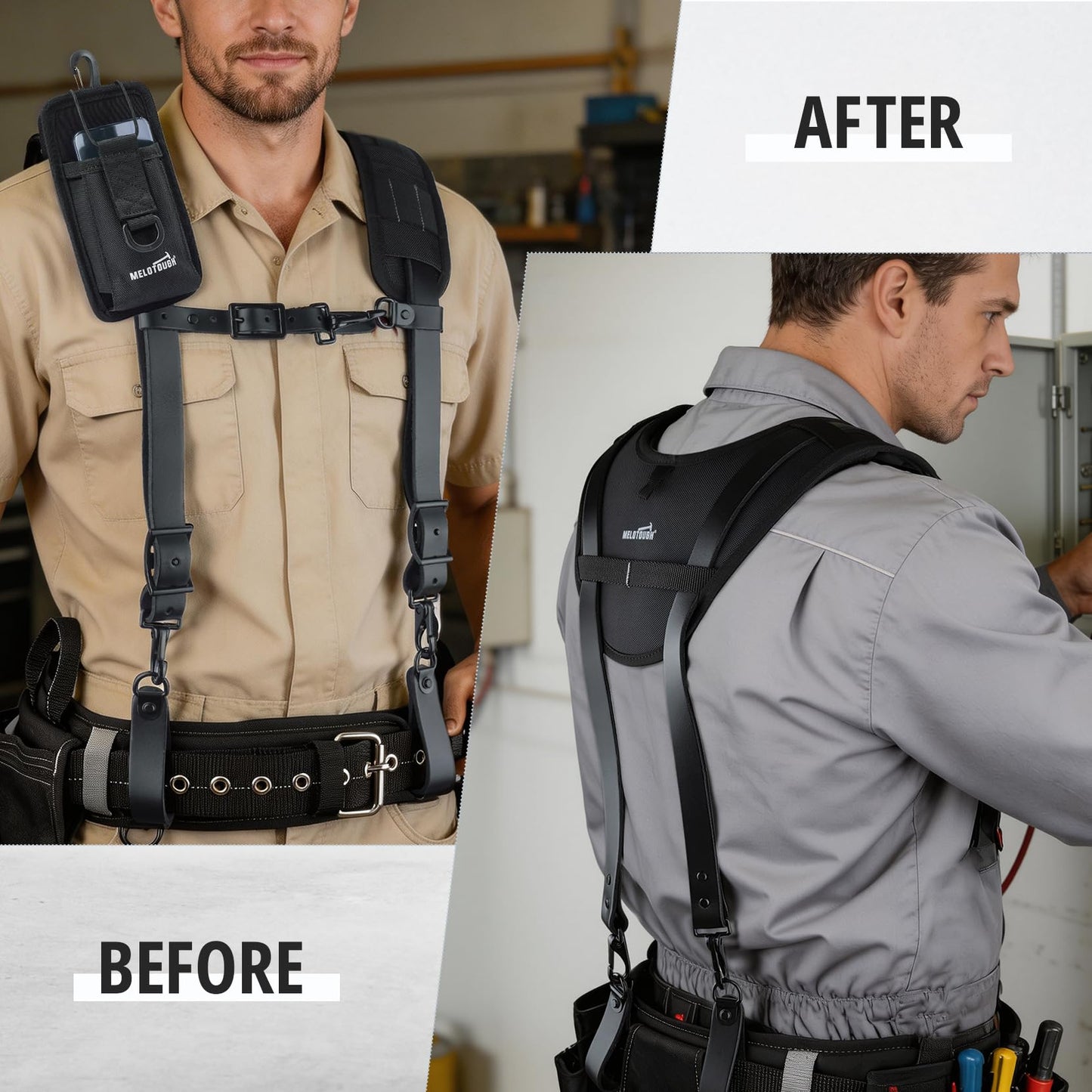 MELOTOUGH Oil Tanned Leather Padded Tool Belt Suspenders for Men,Carpenter Tool Bag Suspenders- Heavy Duty & Padded Support w/Adjustable Chest Strap,Electrical Worker,Gifts for Men,Black