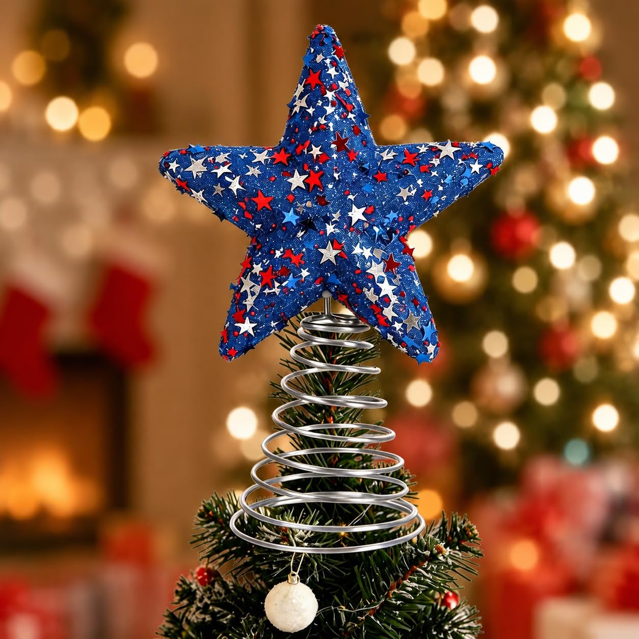 8.6" Glitter Star Christmas Tree Topper Decorative Holiday Tree Toppers Red White Blue Sequins Stars Xmas Trees Ornaments for 250th Anniversary 4th of July Table Centerpieces Home Party Supplies