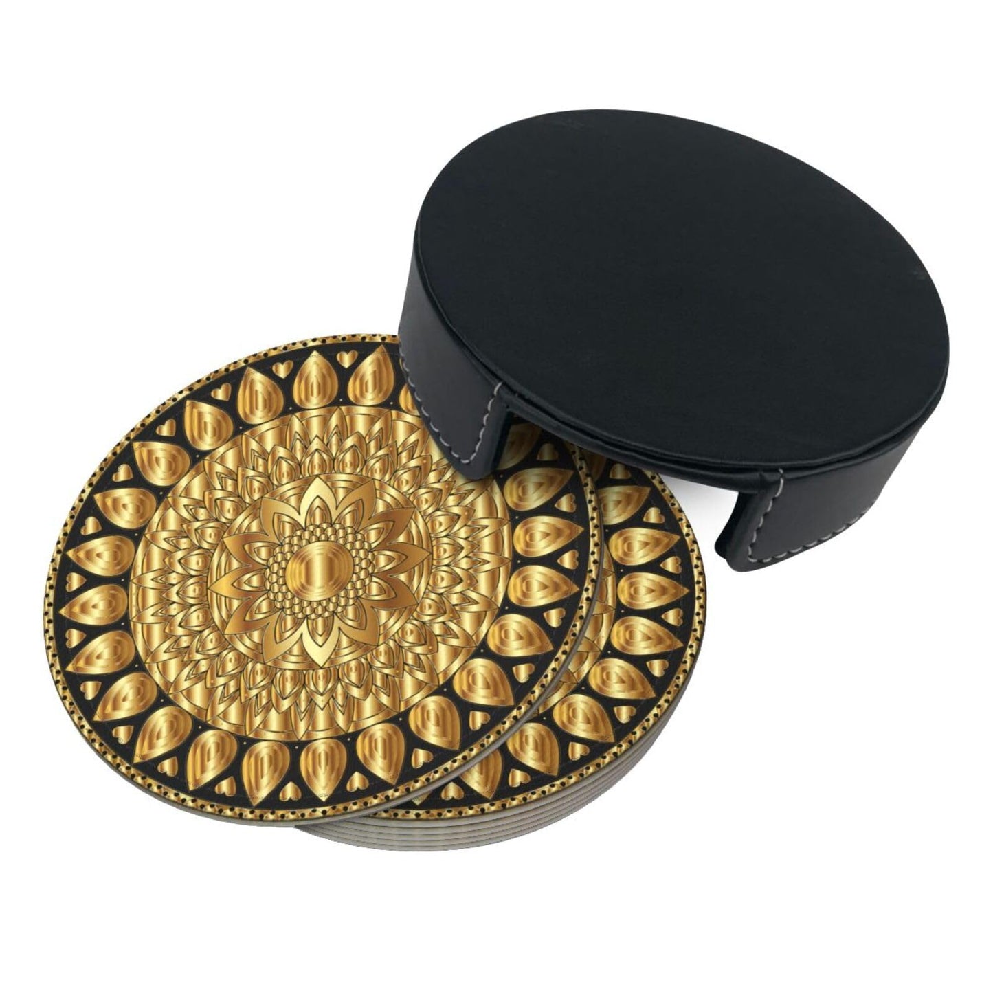 BOXIMIAO Drink Coasters with Holder Stand Set of 6, Pu Leather Absorbent Coasters with Cork Base Table Coaster Round Coasters for Housewarming Apartment Kitchen Bar Decor Mandala Art Floral Gold