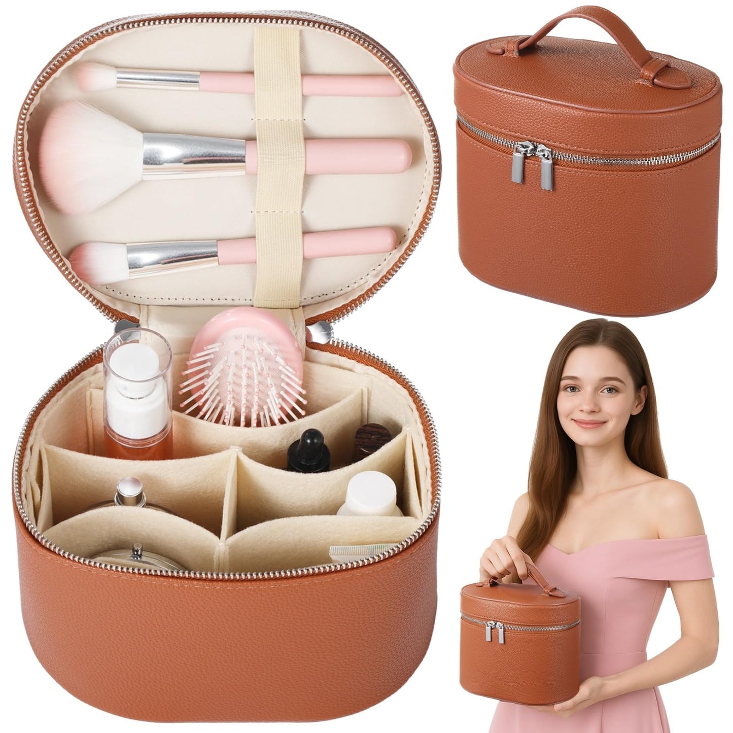 Makeup Vanity Bag for Women - Large Capacity Cosmetic Organizer with Removable Liner, Waterproof PU Leather Skincare Bag, Portable Chic Cosmetic Make Up Case for Skincare, Brushes, Accessories, Brown