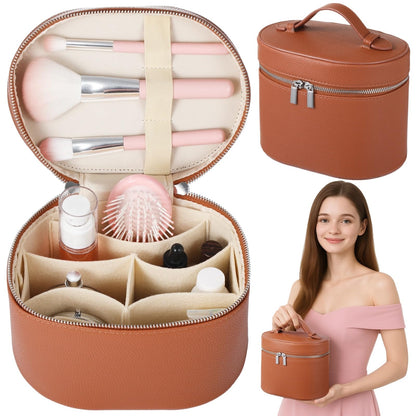 Makeup Vanity Bag for Women - Large Capacity Cosmetic Organizer with Removable Liner, Waterproof PU Leather Skincare Bag, Portable Chic Cosmetic Make Up Case for Skincare, Brushes, Accessories, Brown