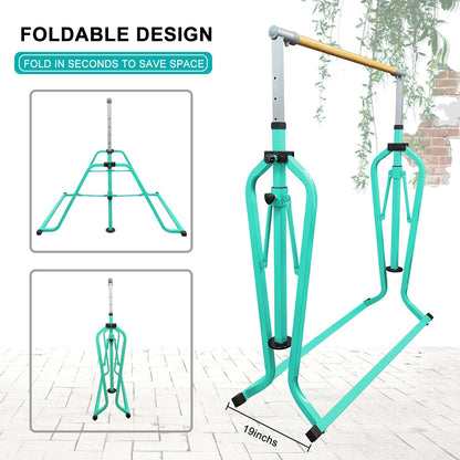 kechery Foldable & Moveable Gymnastics Horizontal Bar with Rings,3’to 5’Adjustable Height Expandable Junior Kip Bar for Home,Indoor Gym Equipment for Kids (Foldable Teal with Rings)