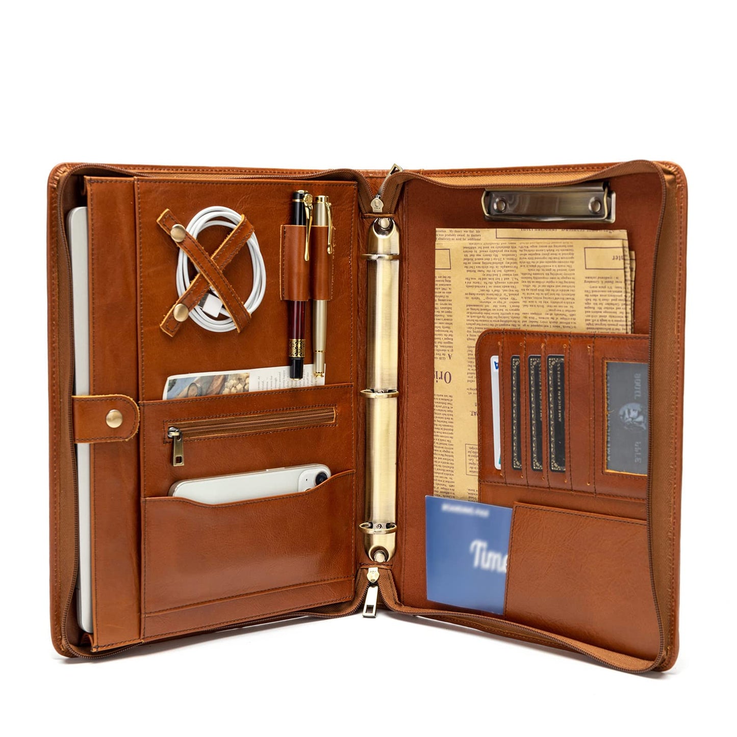 YIWEN Handmade Leather Portfolio with Handle, 3 Ring Binder, Zippered Padfolio for 13" Tablet, 8.5 x 11 Notepad, Professional Business Document Organizer (Brown, Oil Wax Leather)