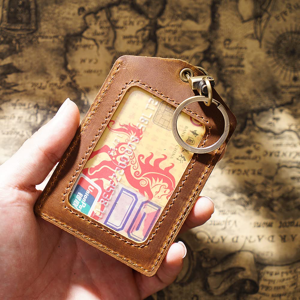 Badge Holder- Vertical Genuine Leather ID Badges Holder Durable Keychain ID Card Holder with Heavy Duty Neck Lanyard for Office, School, Conferences