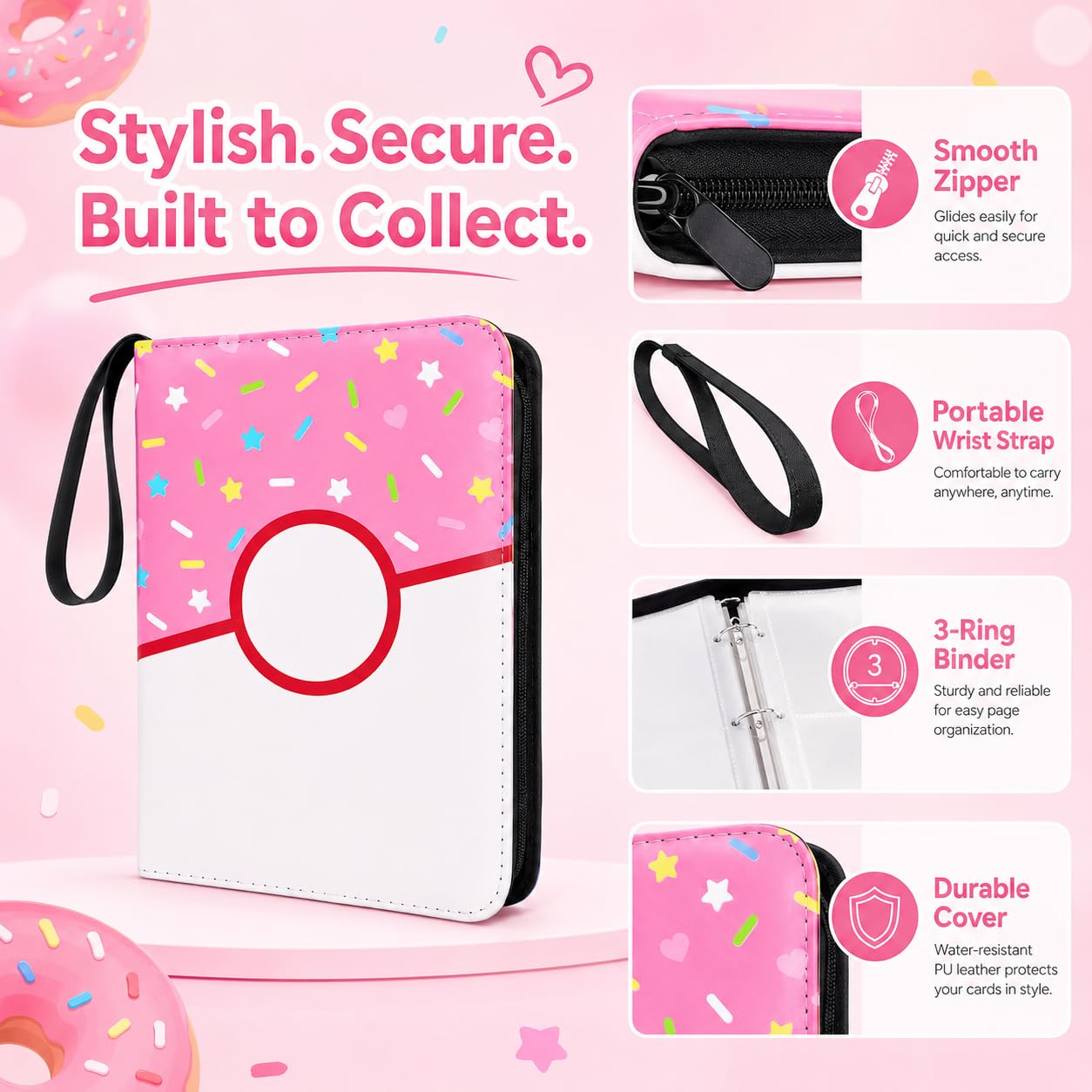 9 Pocket Card Binder 900 Card Holder Album, Pink Donut Trading Cards Holder Zipper Binder for Girl Teen Collection (Pink Donut, 900 Pocket)