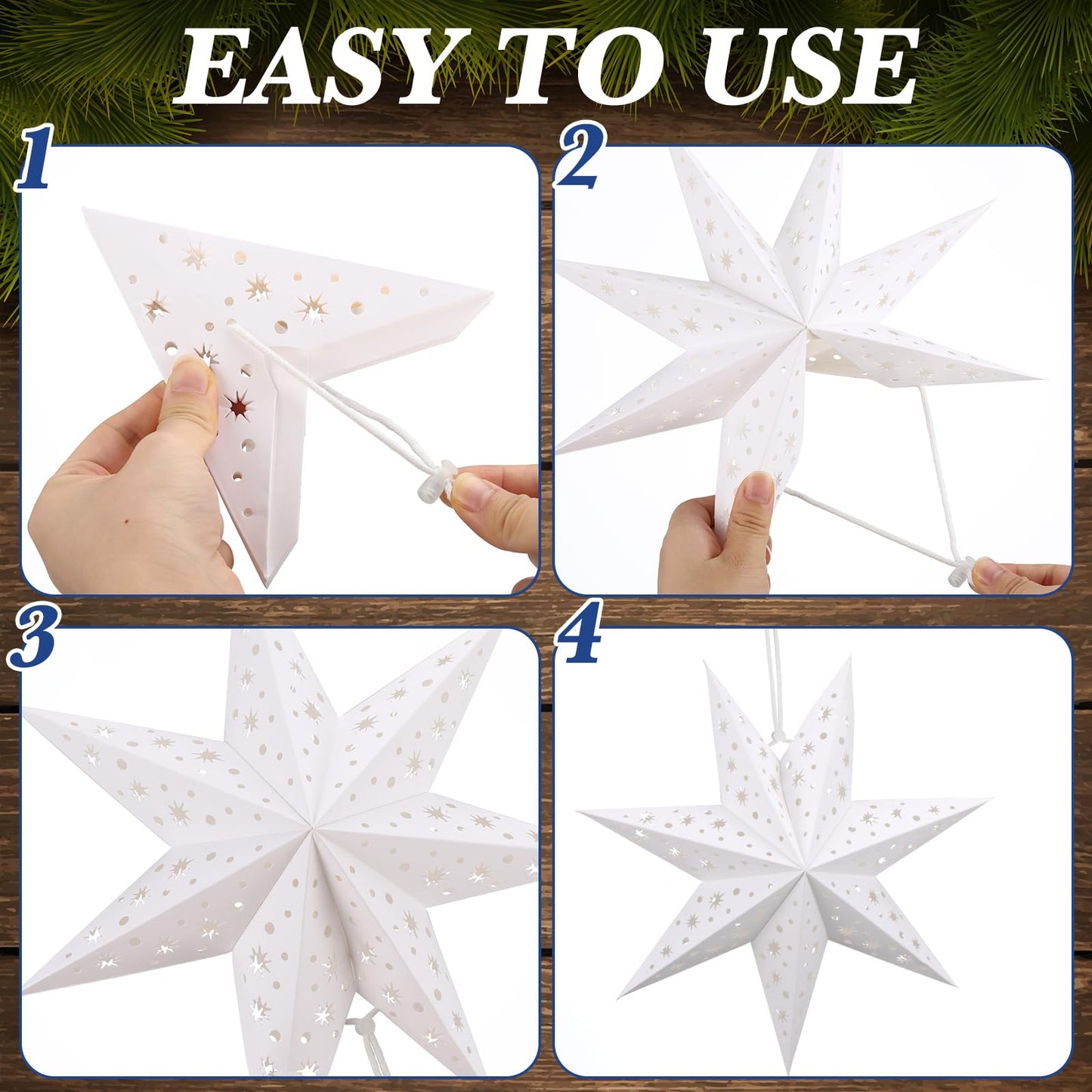 Watersay 6 Pack Christmas in July Snowflake Paper Lantern Summer Christmas Star Paper Lanterns with 6 LED Light White Hanging Lamp Ornaments for Xmas Weddings Birthday Party Decoration(Stylish Style)
