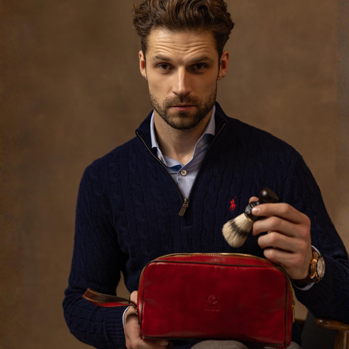 Time Resistance Leather Cosmetic Bag - Italian Toiletry Dopp Kit (Red)