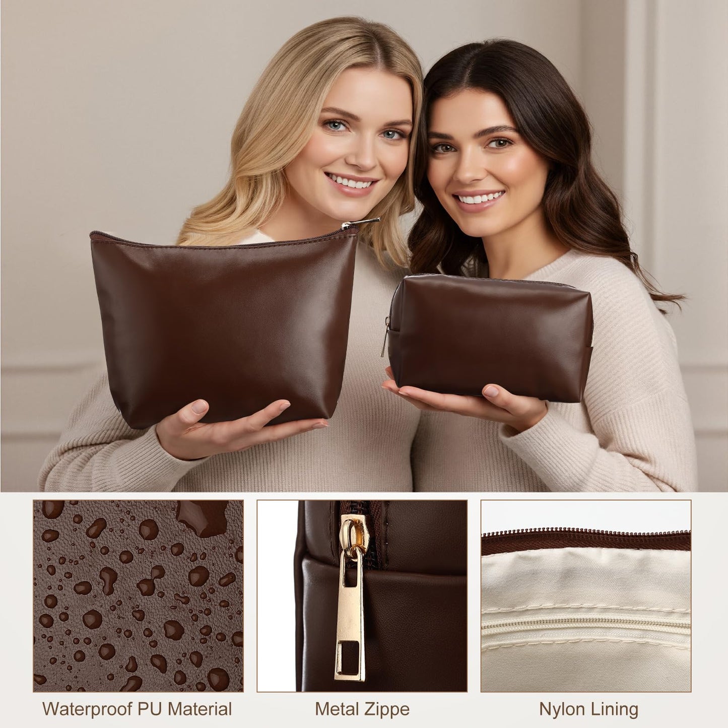 Kigeli 3 Piece Leather Makeup Bag Set Graduation Women Gifts PU Leather Makeup Toiletry Bag Bridesmaid Cosmetic Pouch Small Aesthetic Travel Purse for Wedding Birthday Women Gifts(Coffee)