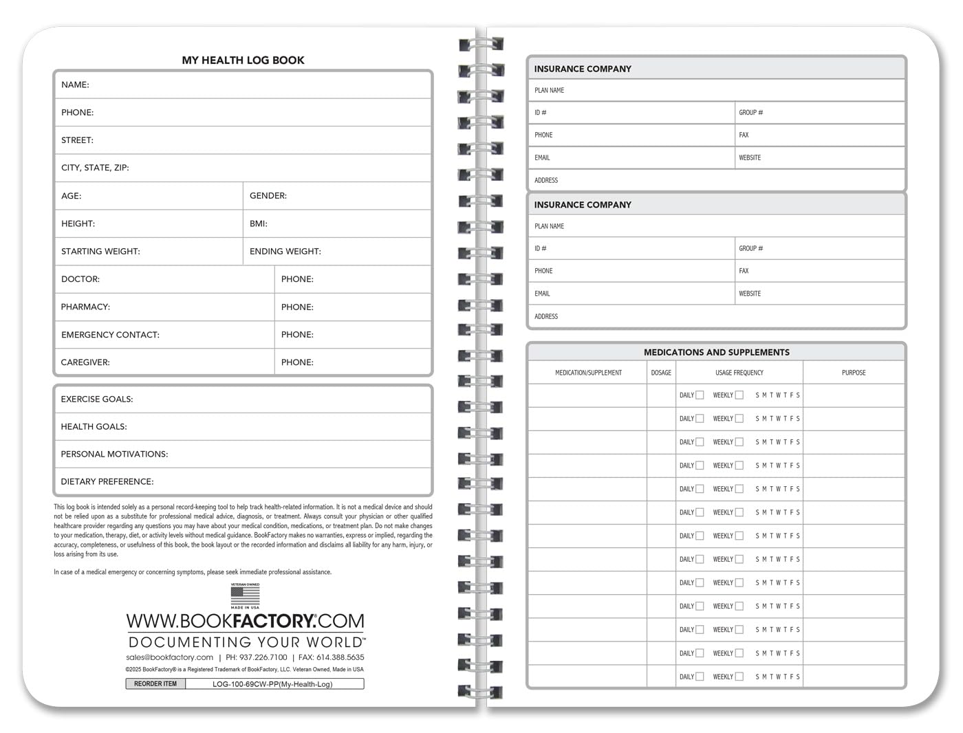 BookFactory My Health Log Book, Daily Tracking Record Journal Logbook - Wire-O, 100 Pages, 6” x 9'' (Made in USA)