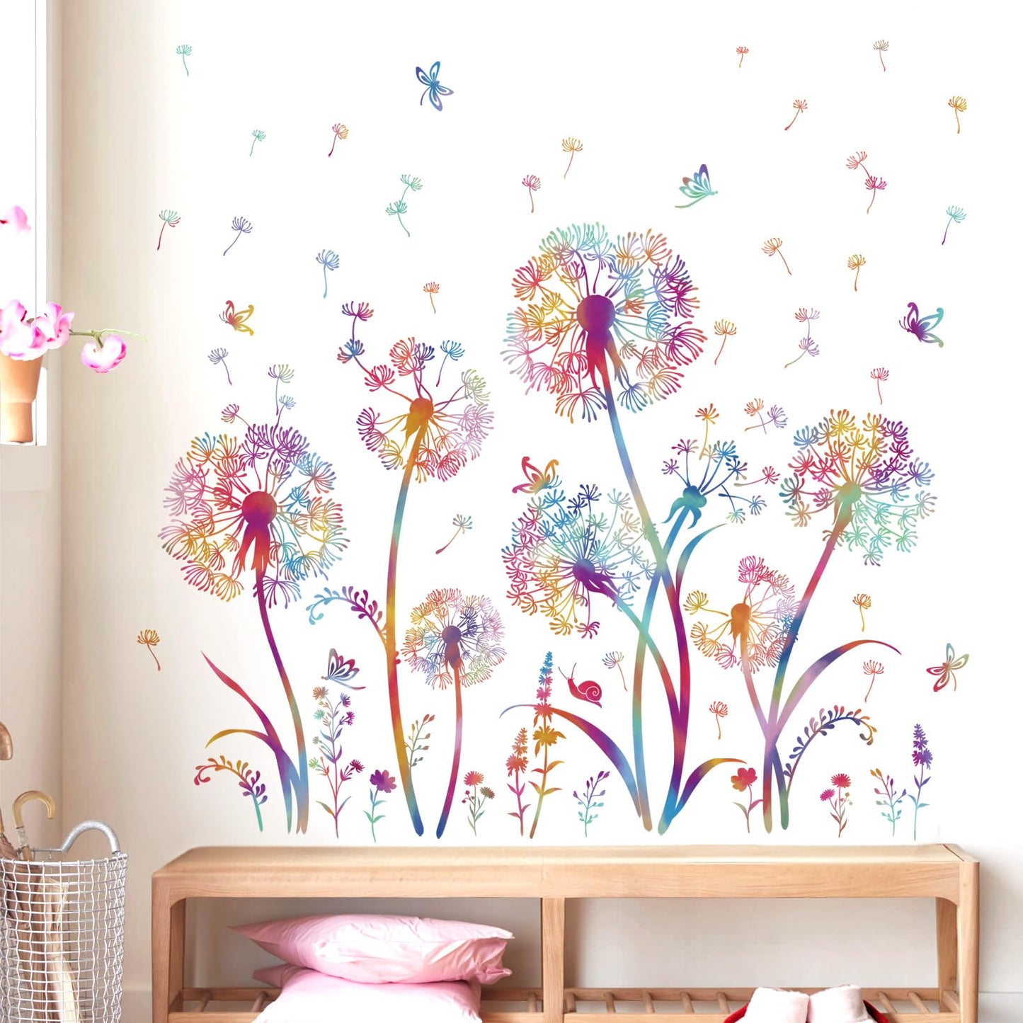 wondever Colorful Blowing Dandelion Wall Decals Flying Flowers Butterflies Floral Peel and Stick Wall Art Stickers for Living Room Girls Bedroom TV Wall
