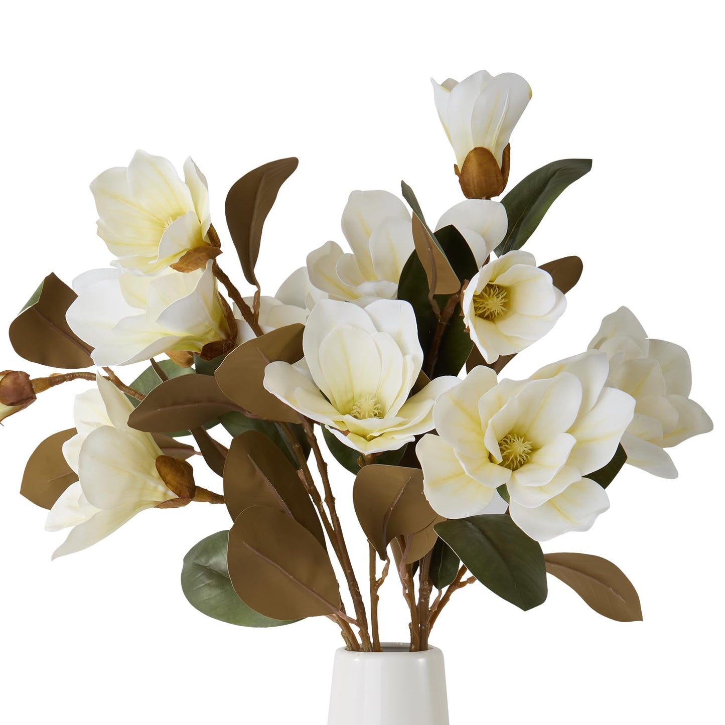 2PCS 32.2inch Artificial Magnolia Flowers 3D Real Touch 6 Heads Faux Magnolia Flower Bouquets Realistic Long Stem with Green Leaves for Home Wedding Table Office Floral Arrangement Decoration (White)