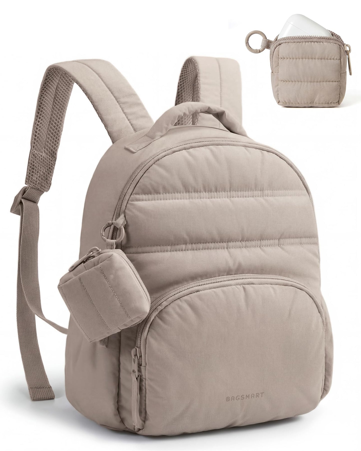 BAGSMART Small Backpacks for Women, Lightweight Puffer Mini Backpack Purse with Pouch, Quilted Casual Daypack, Water-Resistant Bookbag for Daily Travel College, 2-in-1 Set, Latte Brown