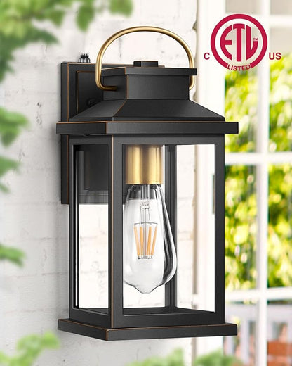 VIANIS Porch Lights Outdoor, Black Gold Accents Dusk to Dawn Exterior Garage Lighting Fixtures Wall Mount for House, Modern Outdoor Wall Sconce Lanterns Lighting for Front Porch Patio, Anti-Rust