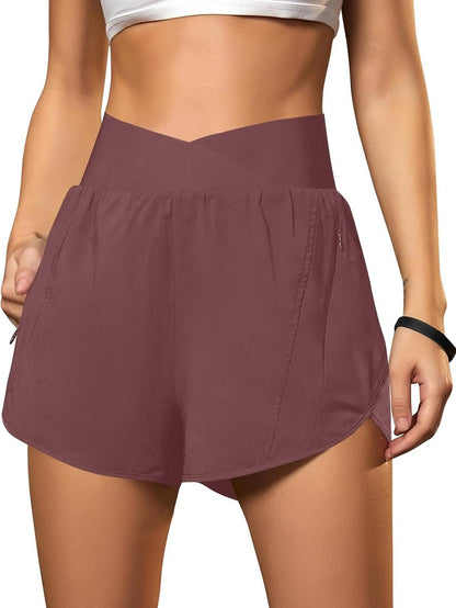 Women's High Waisted Crossover Workout Shorts - Athletic Running Shorts with Zipper Pockets | Comfortable Fit