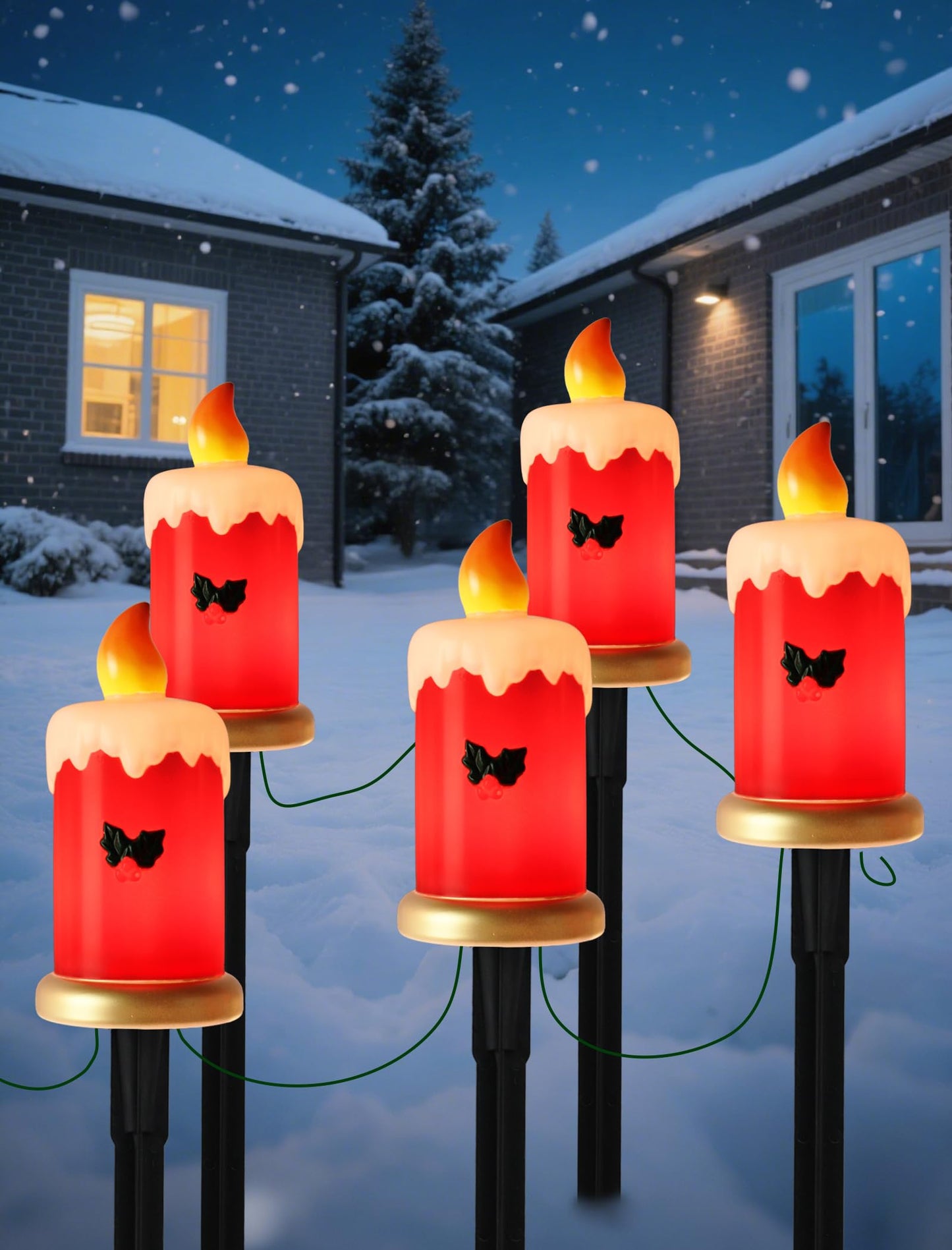 Hobbynors Set of 5 Christmas Candle Pathway Lights, Classic Red Outdoor Christmas Decorations for Yard, Weatherproof C7 LED Garden Stakes for Holiday Entryway & Walkway