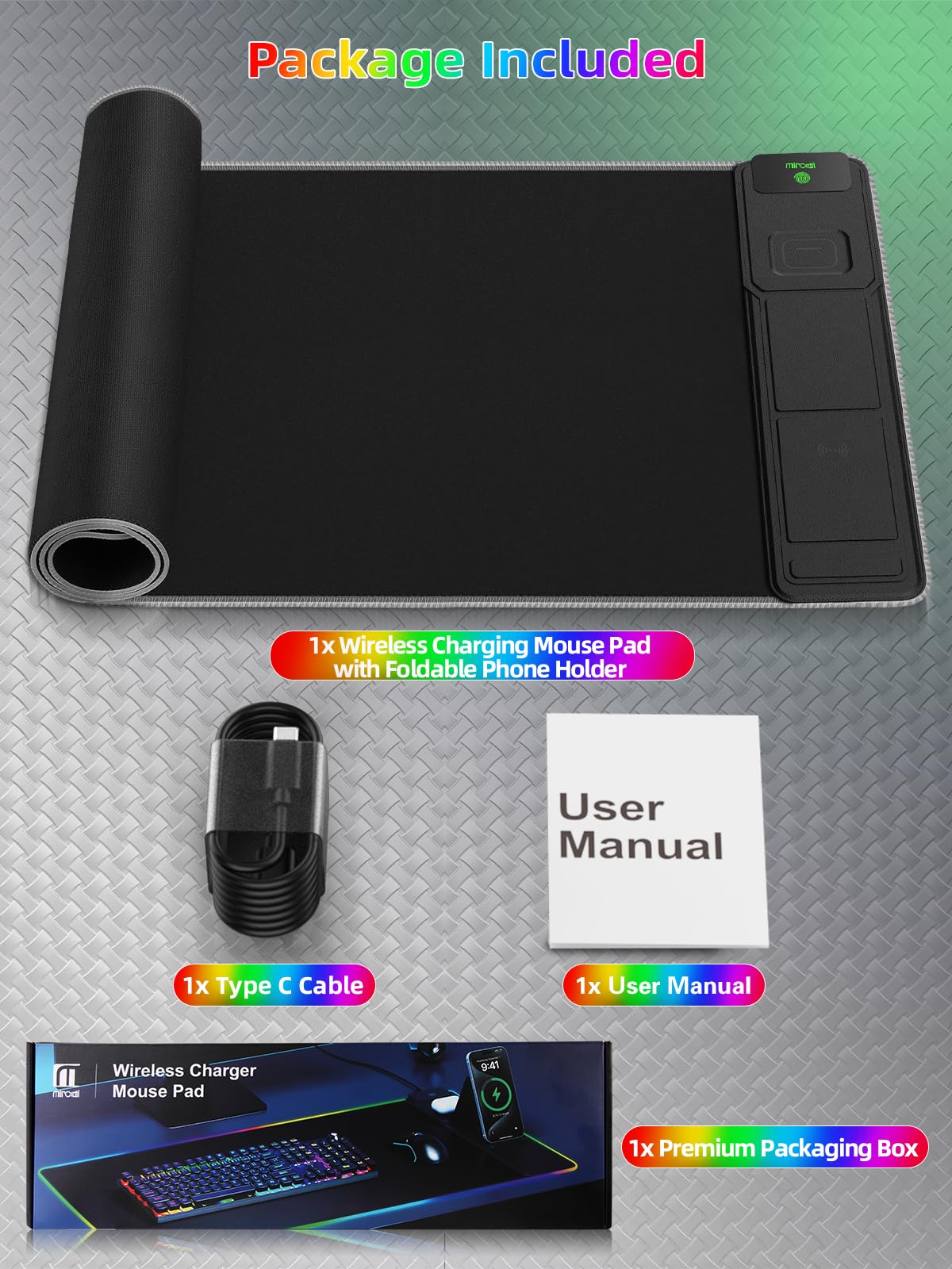Mouse Pad with Foldable Phone Holder & Wireless Charger, XXL RGB Gaming Mousepad 31.5"x15.8" Large Desk Mat for Keyboard, Black Desk Pad with Dual Qi Charging Station | 11 Colors 5 Modes | Waterproof