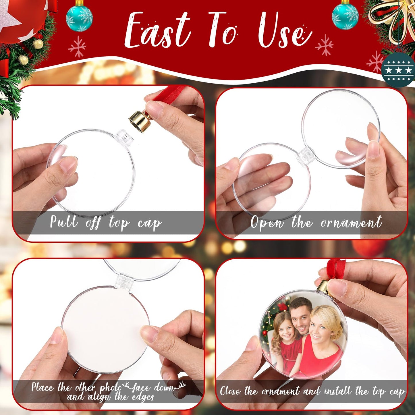 15 Pcs Christmas Hanging Photo Frame Christmas Photo Ornaments Acrylic Decorative Pictures Frames Family Ornament for Winter Christmas Tree Decorations(Round, Snowflake, Star)