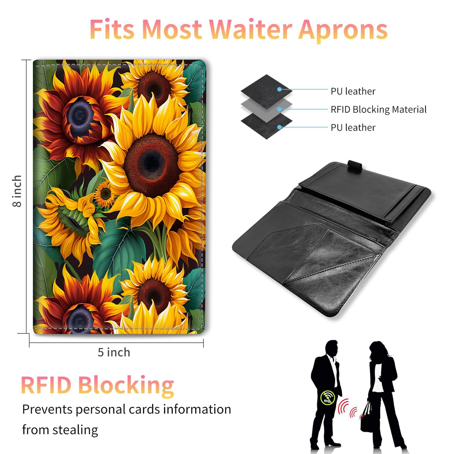 Server Books for Waitress,Leather Waiter Book Server Wallet with Zipper,Cash Check Bill Receipt Holder Presenter,for Bartender,Waiter,Waitress Accessories,Server Apron,Beautiful Sunflower