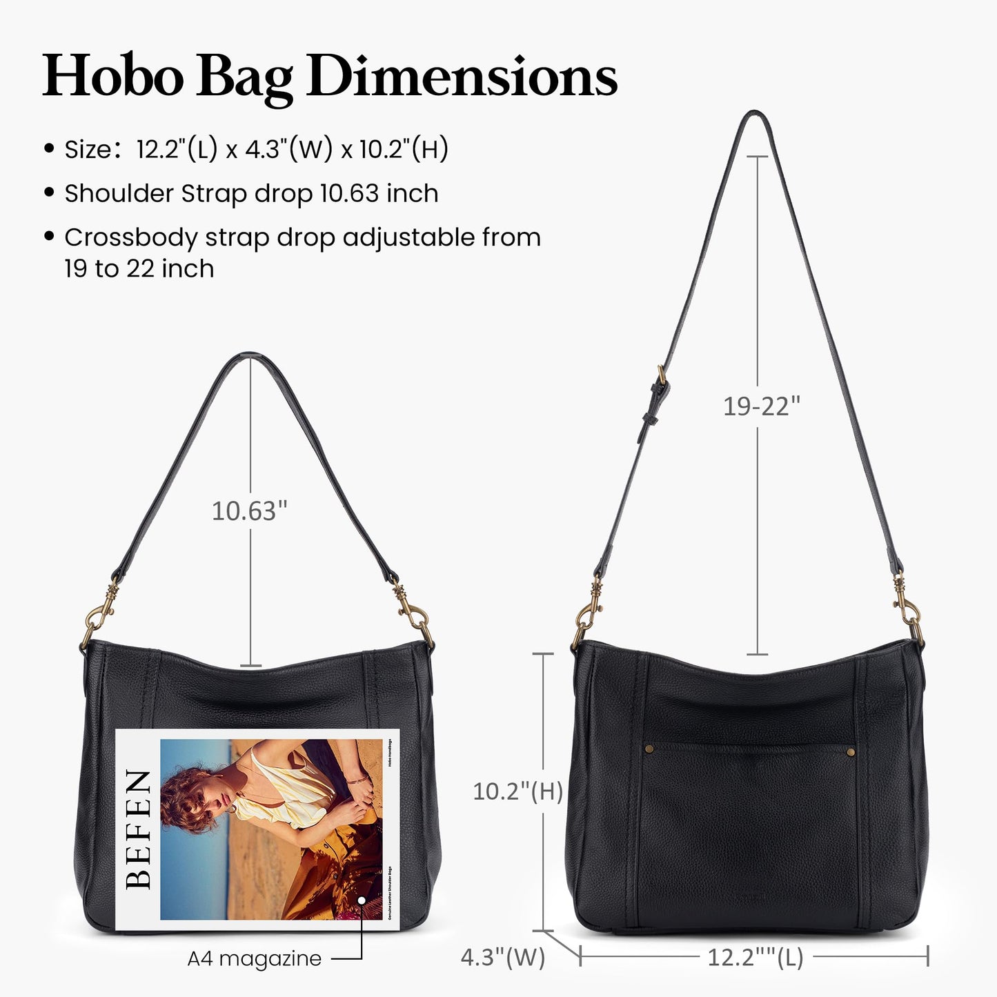 befen Black Genuine Leather Hobo Crossbody Bags for Women Retro Leather Purses Handbags Shoulder Bag with 2 Shoulder Straps