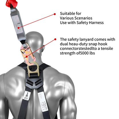 Safety Harness Fall Protection Lanyard-6FT Double Leg Internal Shock Absorbing Safety Lanyard for Consturction,Roofer, Scaffolding -Heavy-Duty Hooks| OSHA & ANSI Rated(Red, 2 Leg)