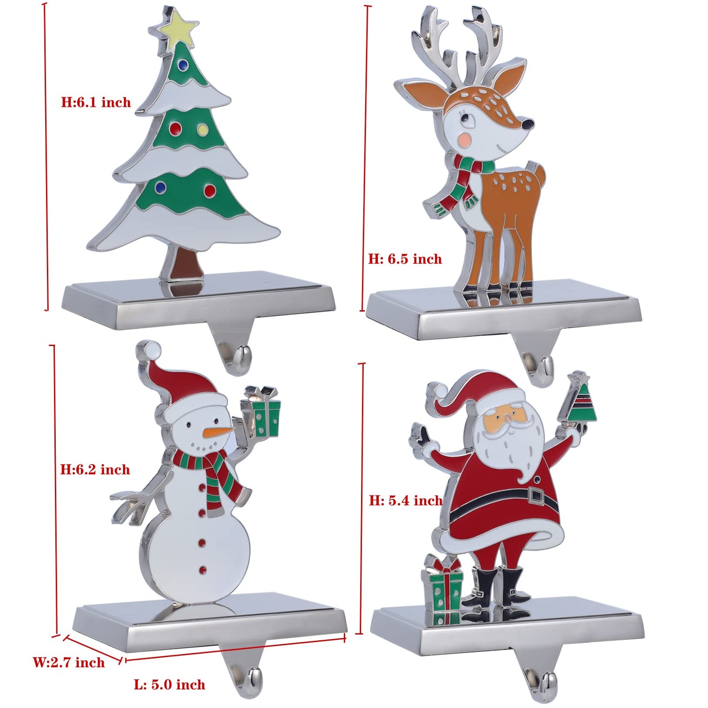 Baseo Christmas Stocking Holders Set of 4 Metal Christmas Stocking Holders for Fireplace-Xmas Deer Snowman Tree Santa Christmas Stocking Holder for Mantle-Stocking Hangers for Fireplace Topper