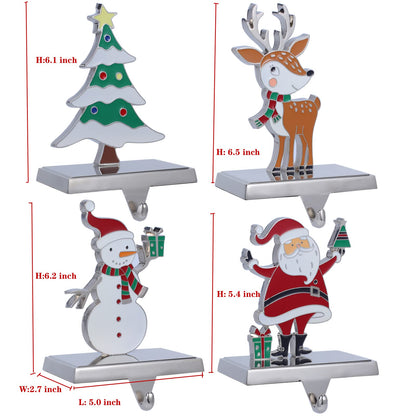 Baseo Christmas Stocking Holders Set of 4 Metal Christmas Stocking Holders for Fireplace-Xmas Deer Snowman Tree Santa Christmas Stocking Holder for Mantle-Stocking Hangers for Fireplace Topper