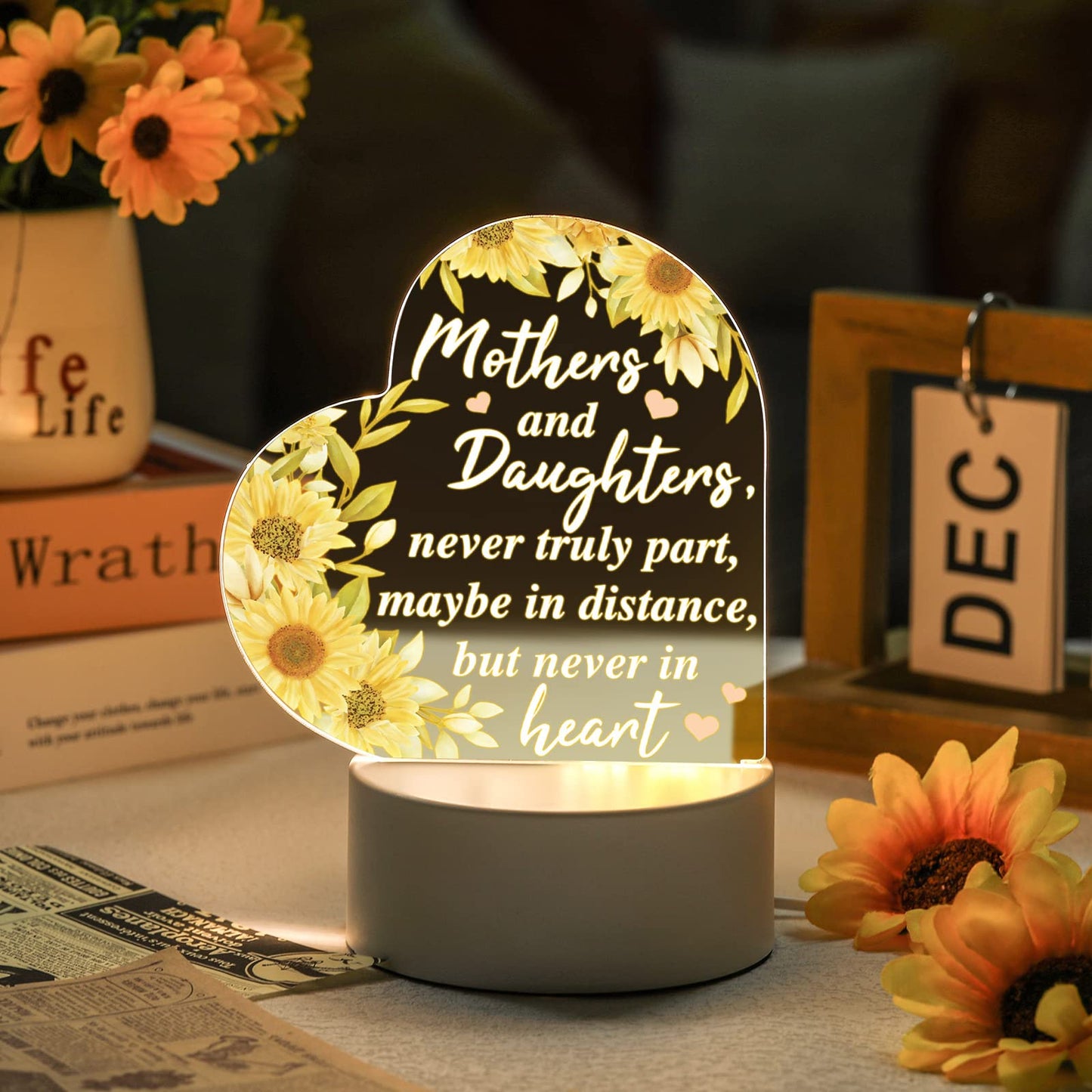 Jetec Mothers Day Birthday Gifts from Daughter Son Christmas Thank You Gift for Mom Sunflower Engraved Acrylic Heart Lamps USB Low Power Night Light Table Decor(Mothers and Daughters)