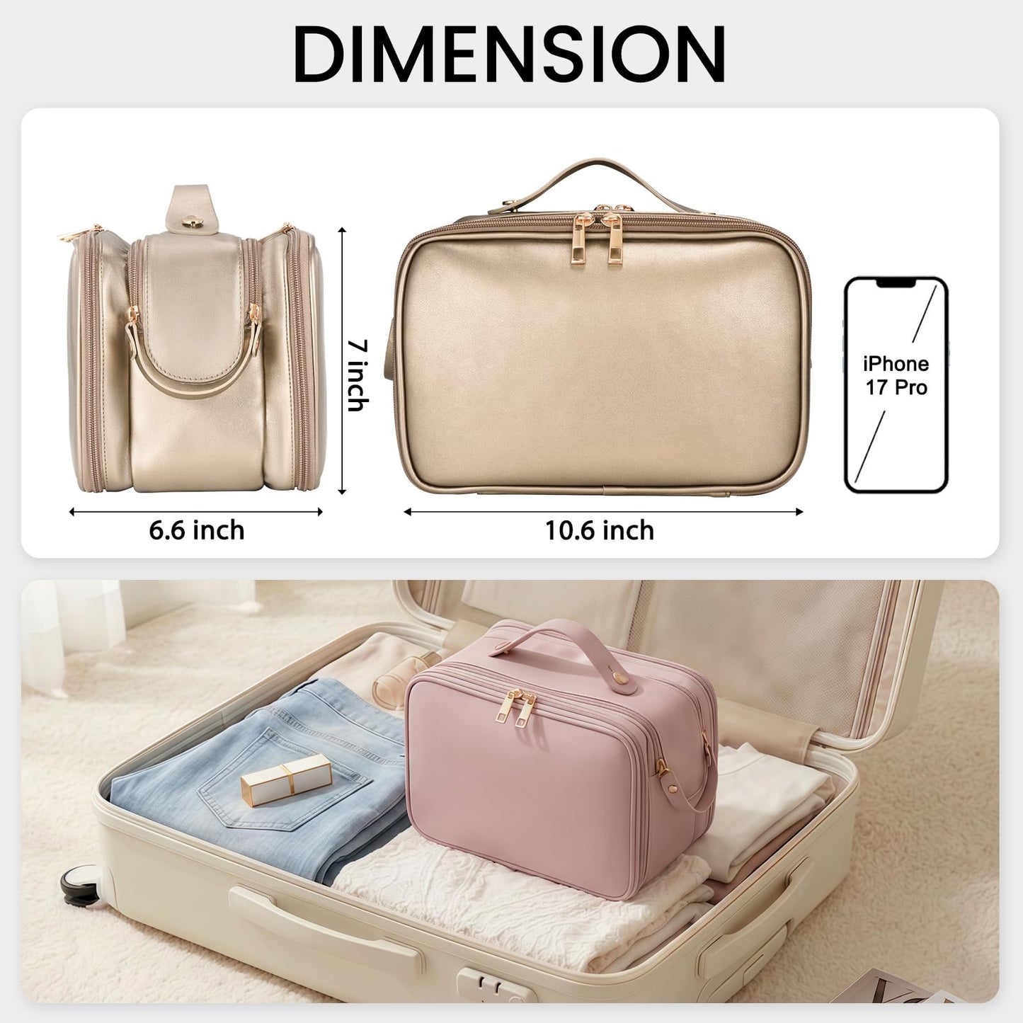 Travel Makeup Bag Women's Large Capacity Cosmetic Portable Organizer Large Opening Waterproof Storage Toiletry Bags Vertical Free-Standing Brush Holder for Easy Access Copper