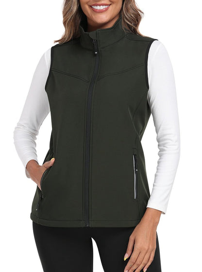 MoFiz Women's Lightweight Softshell Vest Windproof Fleece Lined Zip Up Sleeveless Insulated Jacket for Fall Winter Army Green M