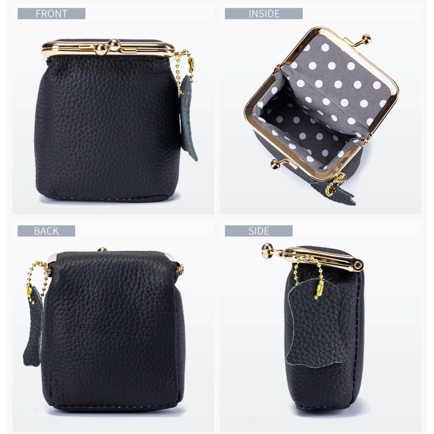 Genuine Leather Vintage Lipstick Coin Purse with Kiss-Lock Closure, mini travel jeweley box, Compact Travel Jewelry Organizer for Earrings, Rings, Keys, Coins (Black)
