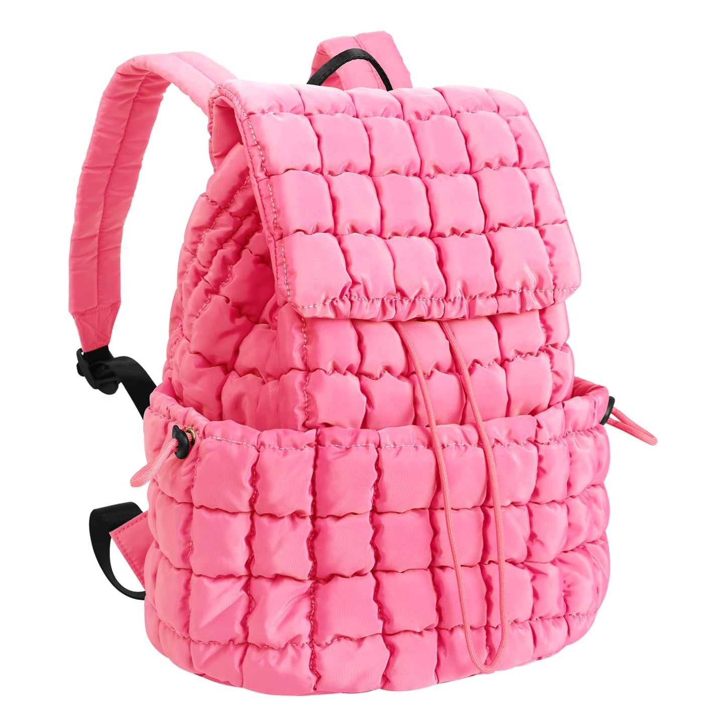 XSUIOY Quilted Backpack Purse for Women Small Lightweight Puffer Puffy College Laptop Backpack Nylon Casual Bookbag Daypack Top Flap Drawstring Padding Hiker Travel Gym Backpack(Pink)