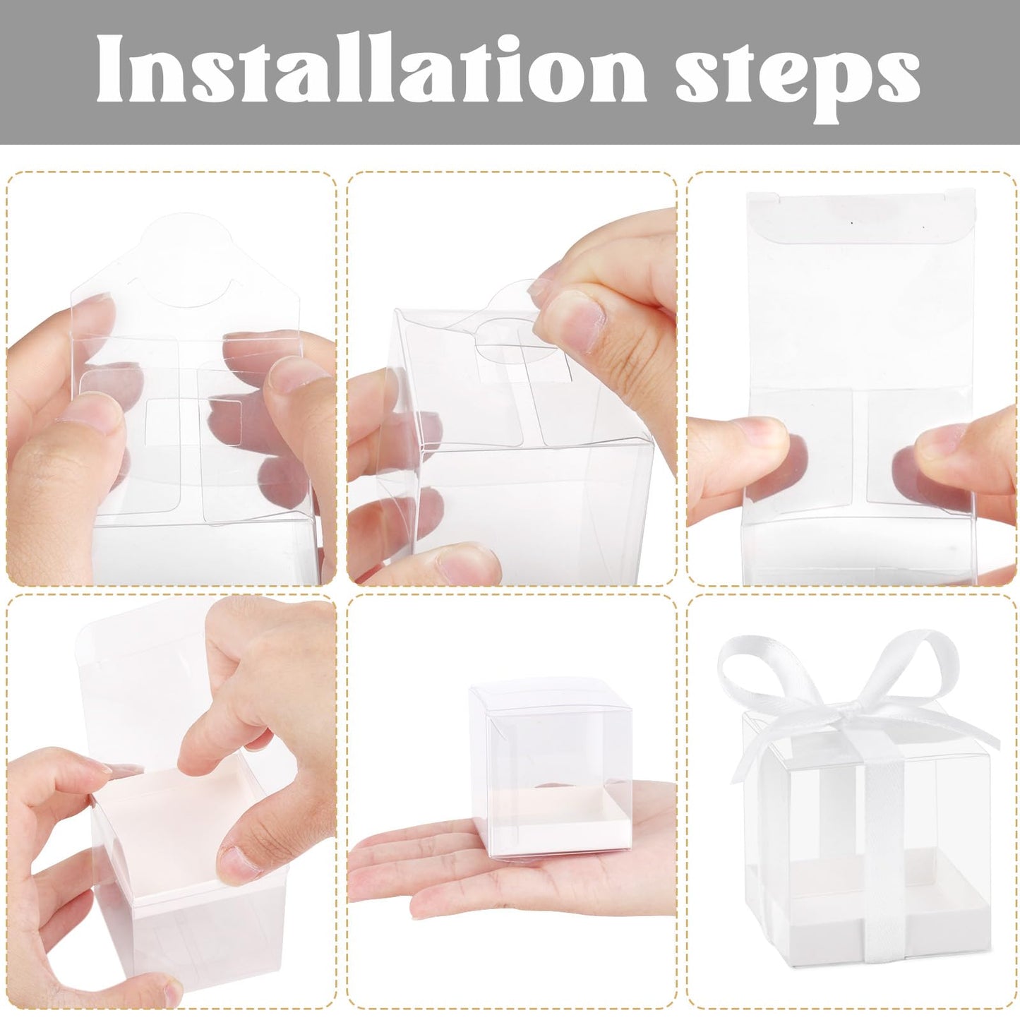 Hxezoc 50 Pack Favor Boxes, 2x2x2 Inches Clear Candy Treat Boxes with White Ribbons, Mini Plastic Gift Boxes for Wedding, Birthday Party, Baby Shower, Classroom Decoration Supplies
