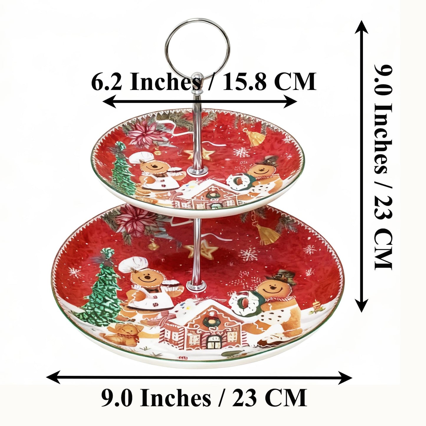 2-Tier Red Round Porcelain XMAS Cake Fruit Stand Plate with Gift Box, Cupcake Serving Display Ceramic Pastry Tray Towers Platter Set for Dessert Appetizer Candy Buffet for Home Party - Gingerbread Man