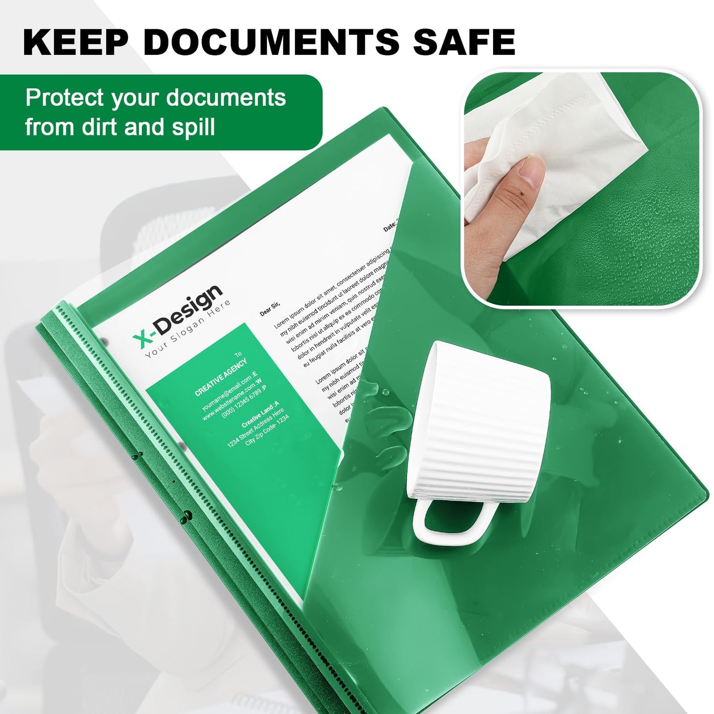 Teling 24 Pcs Clear Front Report Covers with 3 Prongs, Suit for A4/8.5'' x 11'' Letter Size Paper, Plastic Green Presentation Folders Bulk, 90 Sheet Capacity, for School Business