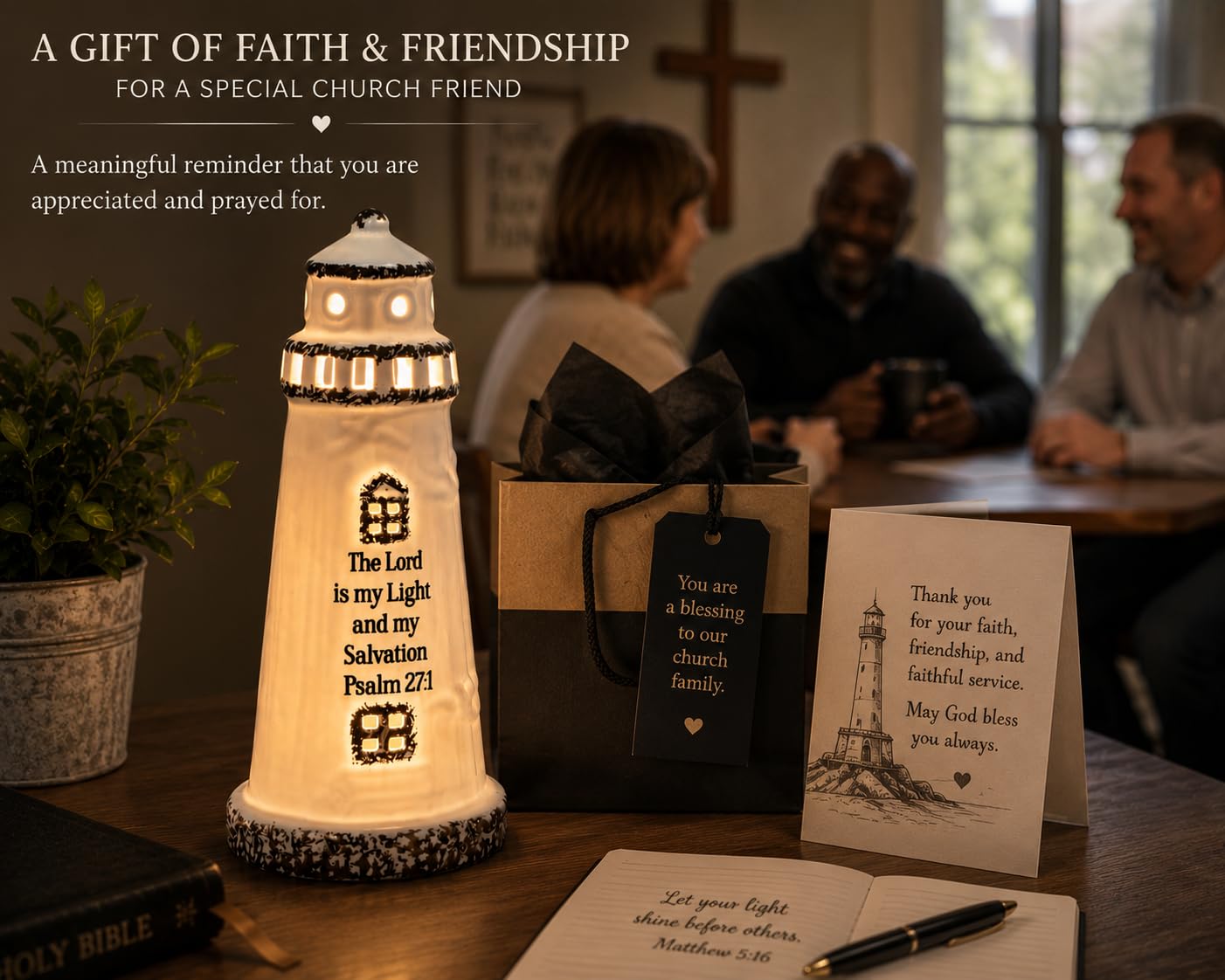 DAILYBREAD Christian Lighthouse Lamp for Men – Psalm 27:1 Scripture LED Lighthouse, Man of God Gift, Christian Gift for Husband, Father, Pastor, Faith-Based Desk Decor 8”H