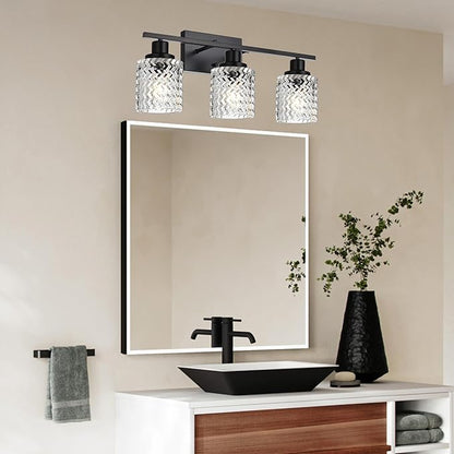 MELUCEE 3 Lights Modern Bathroom Light Fixtures Black Vanity Lights Indoor Wall Mounted Light with Hammered Glass Shade Suitable for Bathroom Living Room Hallway