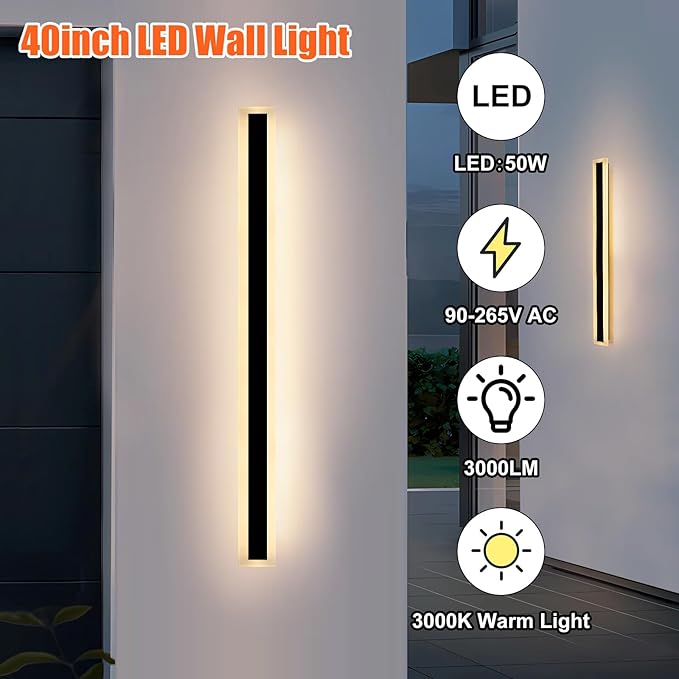 TooCust 2 Pack 40in Long Outdoor Modern LED Wall Sconce - IP65 Waterproof, 50W Warm 3000K Light for Garage, Narrow Strip Light, Wired Installation