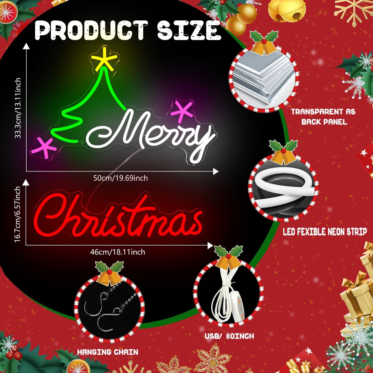 Large Merry Christmas Neon Sign for Wall Decor 19.69 * 13.11&18.11 * 6.57inch Merry Christmas Led Sign Dimmable Xmas Tree Neon Light Up Signs for Xmas Party Window Home Bar Club Shop Decoration Gifts