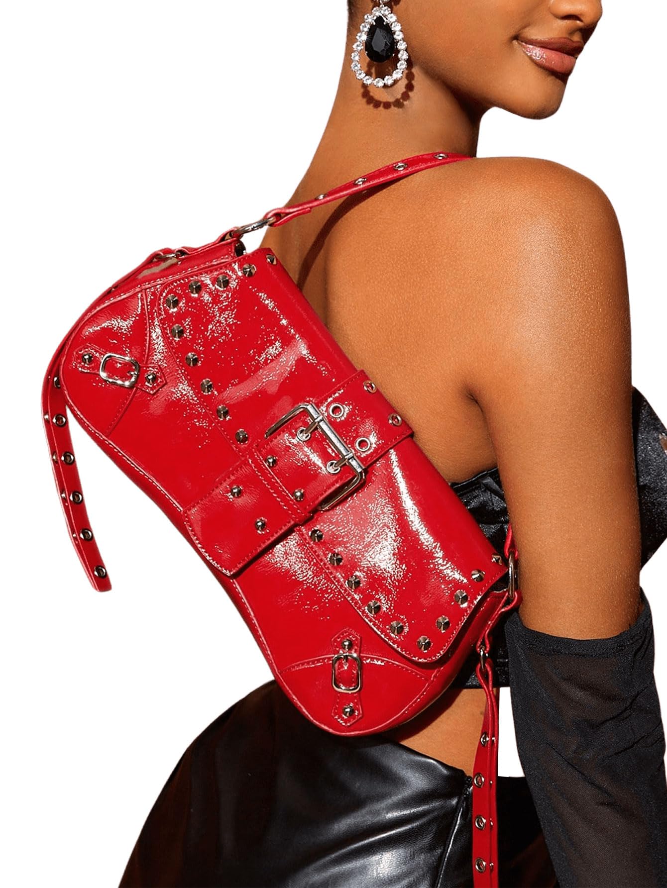 Verdusa Women's Y2K Purse Cute Trendy Handbag Leather Goth Punk Shoulder Bag Studded Crossbody Mini Purse Red One Size