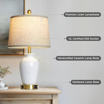 23" Set of 2 White Ceramic Table Lamp with Ginger Jar Design, Bedside USB Lamps for Living Room,Dining Room,Bedroom,Office,Nightstand,End Table