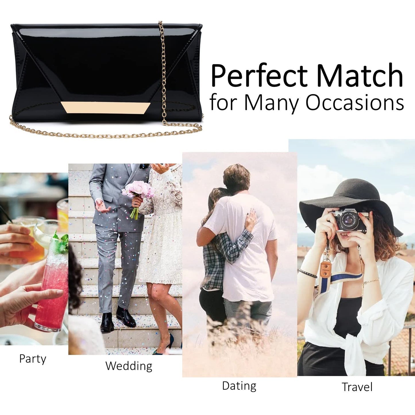 Patent Leather Envelope Clutch Womens Evening Handbag Stylish Shoulder Bag Purse for Christmas Wedding Party Prom(Black 265)