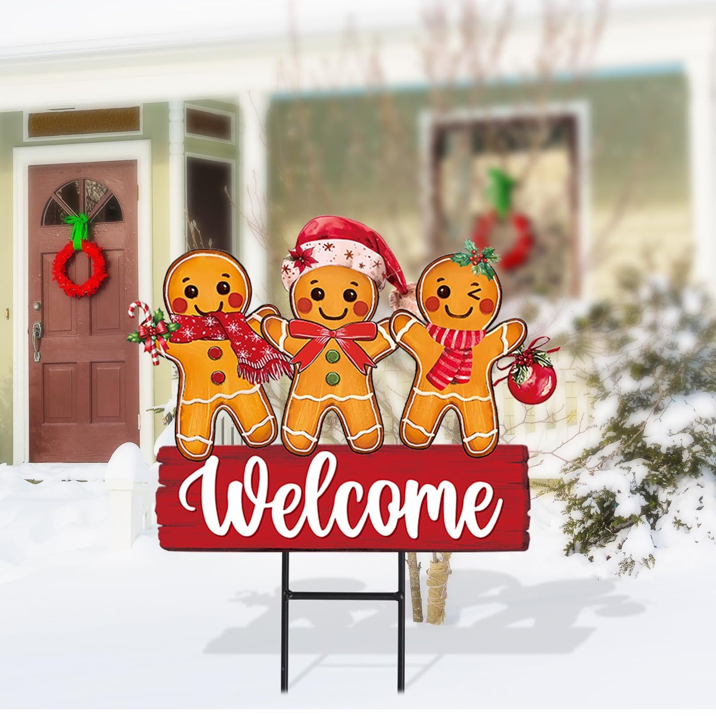 Whaline Christmas Metal Garden Stake Welcome Yard Sign Gingerbread Man Decorative Lawn Sign for Xmas Winter Holiday Home Outside Lawn Porch Walkway Decors